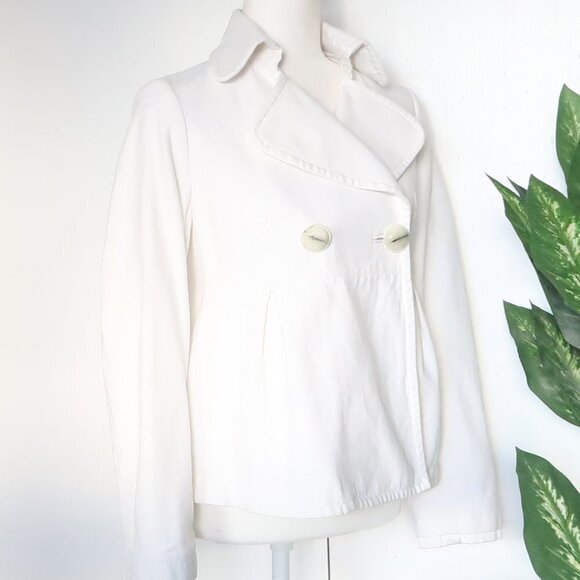 Mango White Cotton Denim Jean Double Breasted Jacket Blazer Short Coat Size 8 - Picture 3 of 9